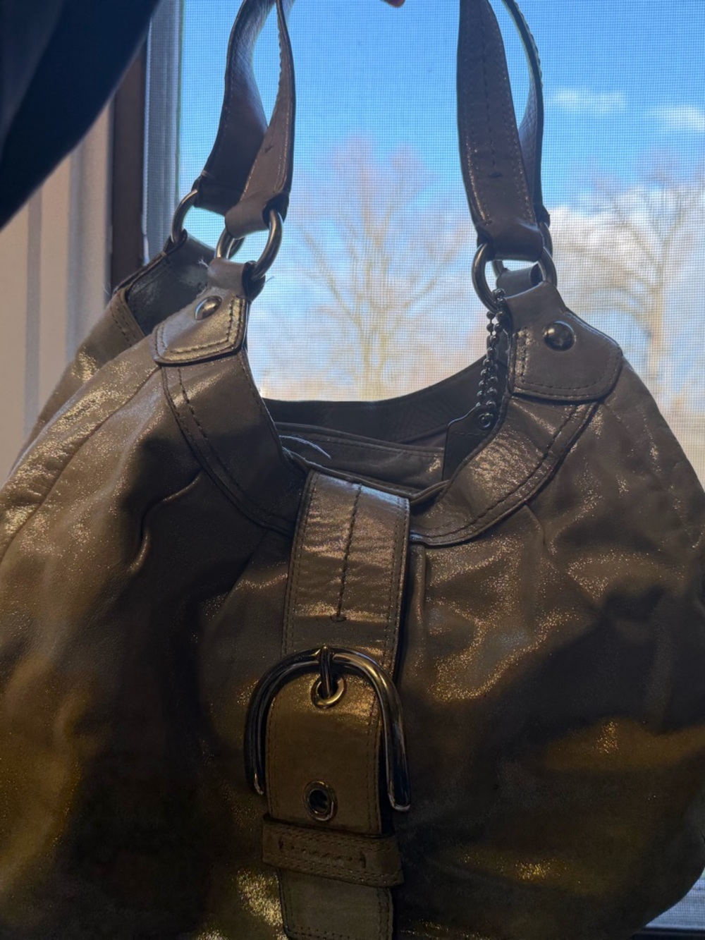 Coach Shiny Black Leather Hobo with Front Buckle
